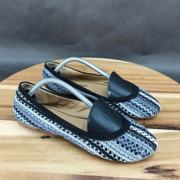 Lucky Brand Gray Black Striped Fabric Ballet Flats Slip On Shoes Womens Size 6 B - Picture 1 of 7